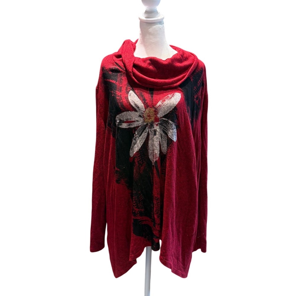 Jess & Jane Red Marl Cowl Neck Daisy Graphic Tunic Top 1X Made in USA